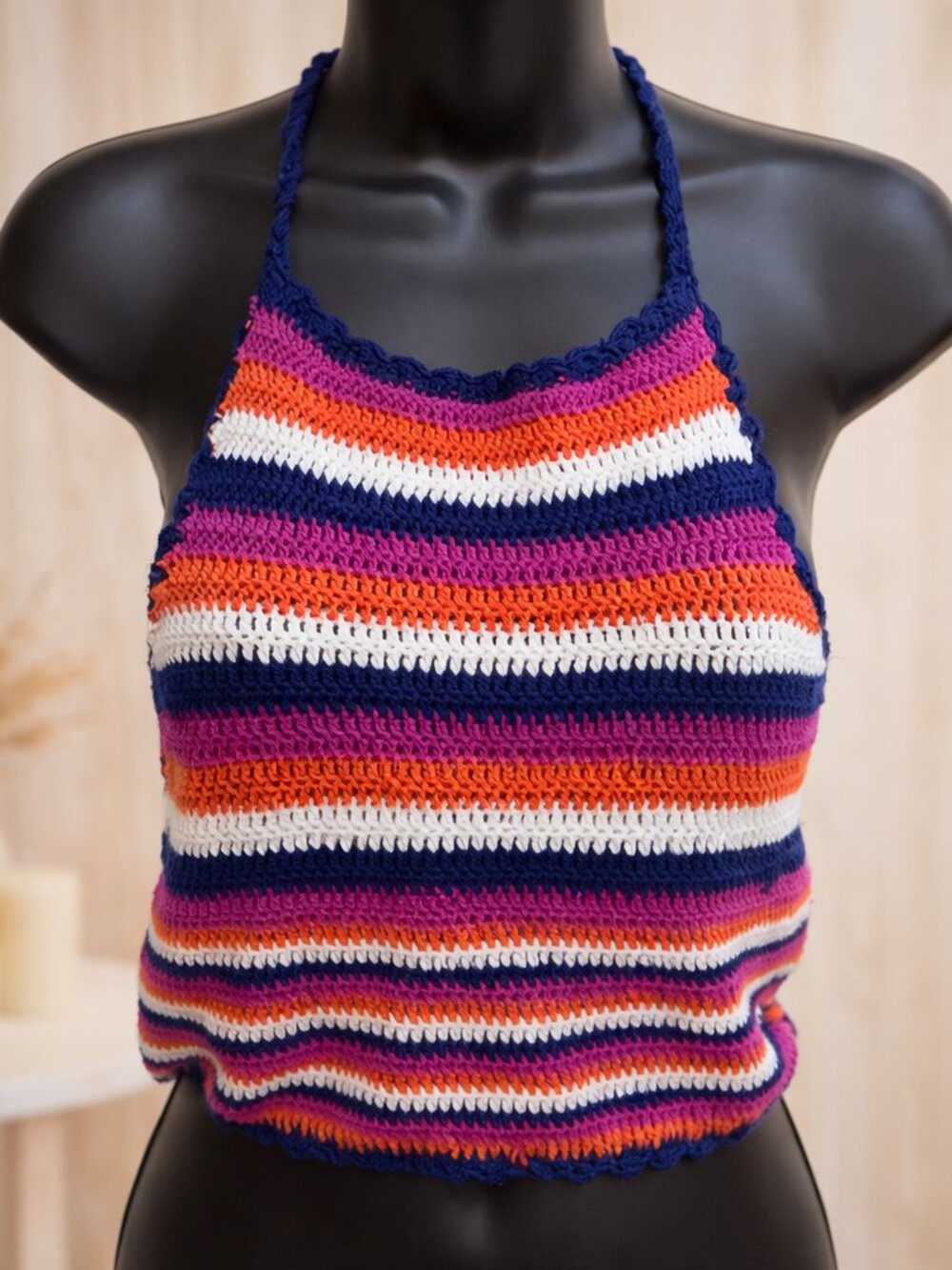 Crochet Halter Crop Top Striped Boho Festival Style Handmade Cottagecore Y2K